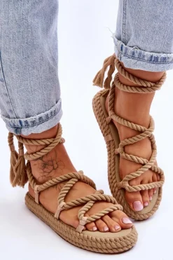 Hot Wiązane Sandałki Na Masywnej Platformie Ciemnobeżowe Can't Wait Damskie Sandały Płaskie