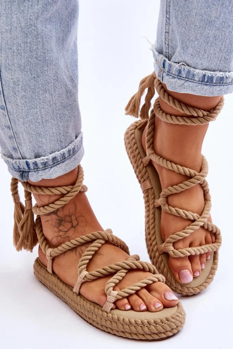 Hot Wiązane Sandałki Na Masywnej Platformie Ciemnobeżowe Can't Wait Damskie Sandały Płaskie