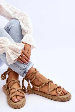 Hot Wiązane Sandałki Na Masywnej Platformie Ciemnobeżowe Can't Wait Damskie Sandały Płaskie