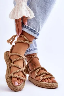 Hot Wiązane Sandałki Na Masywnej Platformie Ciemnobeżowe Can't Wait Damskie Sandały Płaskie