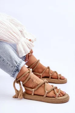 Hot Wiązane Sandałki Na Masywnej Platformie Ciemnobeżowe Can't Wait Damskie Sandały Płaskie