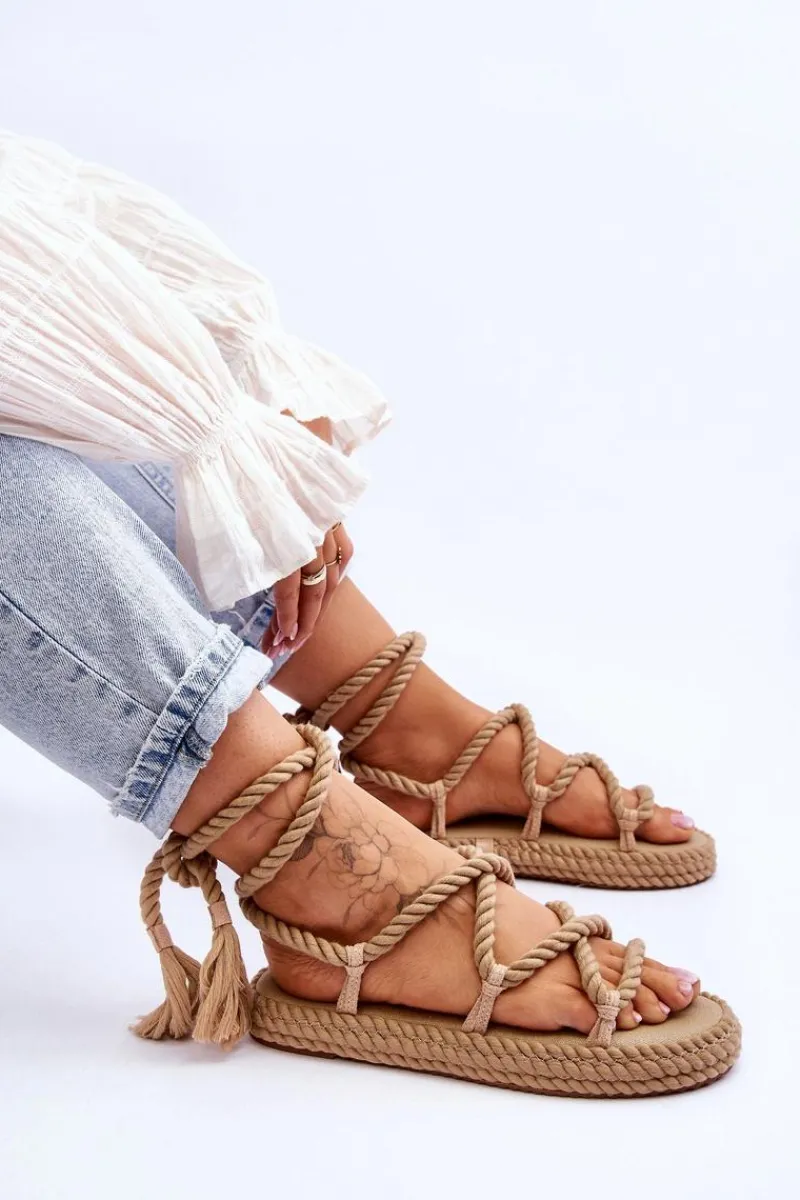 Hot Wiązane Sandałki Na Masywnej Platformie Ciemnobeżowe Can't Wait Damskie Sandały Płaskie