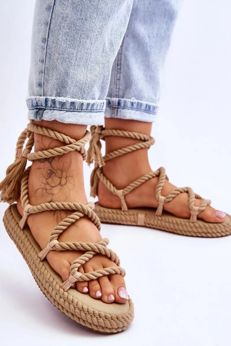 Hot Wiązane Sandałki Na Masywnej Platformie Ciemnobeżowe Can't Wait Damskie Sandały Płaskie