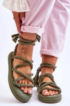 Hot Wiązane Sandałki Na Masywnej Platformie Zielone Can't Wait Damskie Sandały Płaskie