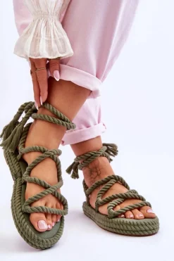 Hot Wiązane Sandałki Na Masywnej Platformie Zielone Can't Wait Damskie Sandały Płaskie
