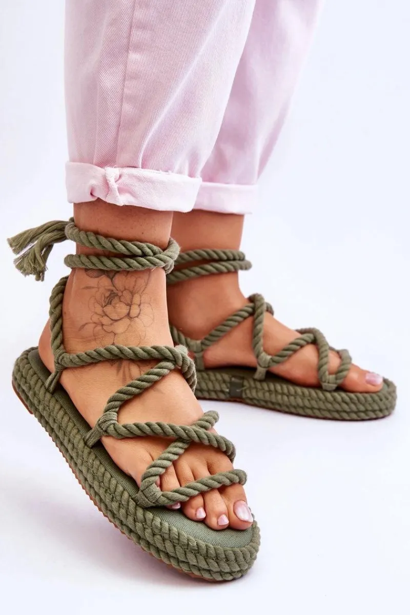 Hot Wiązane Sandałki Na Masywnej Platformie Zielone Can't Wait Damskie Sandały Płaskie