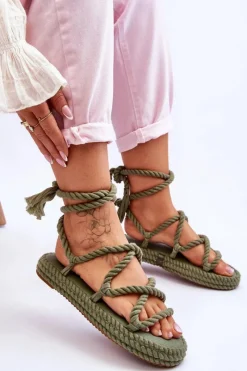 Hot Wiązane Sandałki Na Masywnej Platformie Zielone Can't Wait Damskie Sandały Płaskie