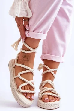 Best Wiązane Sandałki Na Masywnej Platformie Beżowe Can't Wait Damskie Sandały Płaskie