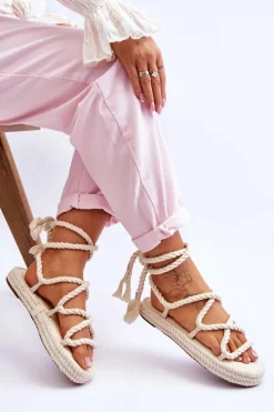 Best Wiązane Sandałki Na Masywnej Platformie Beżowe Can't Wait Damskie Sandały Płaskie