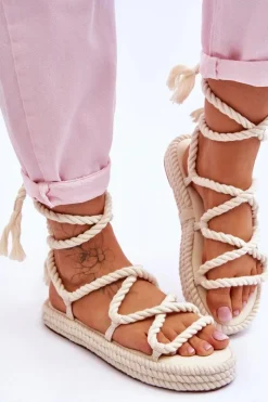 Best Wiązane Sandałki Na Masywnej Platformie Beżowe Can't Wait Damskie Sandały Płaskie