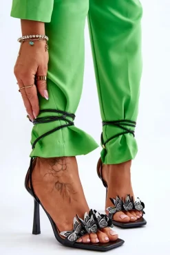 Hot Boto Wiązane Sandałki Na Szpilce Z Motylami Czarne Delmar