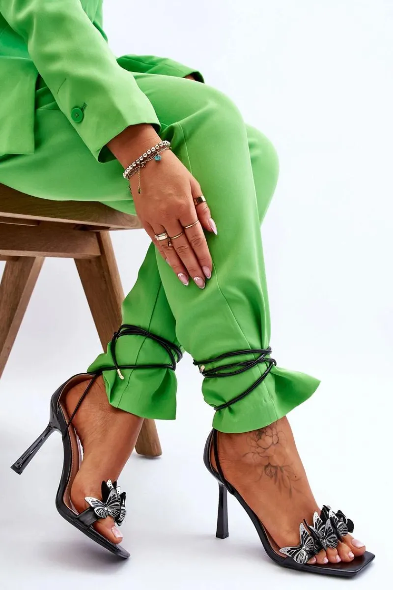 Hot Boto Wiązane Sandałki Na Szpilce Z Motylami Czarne Delmar