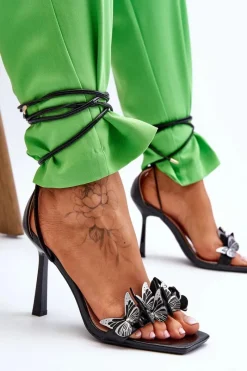 Hot Boto Wiązane Sandałki Na Szpilce Z Motylami Czarne Delmar