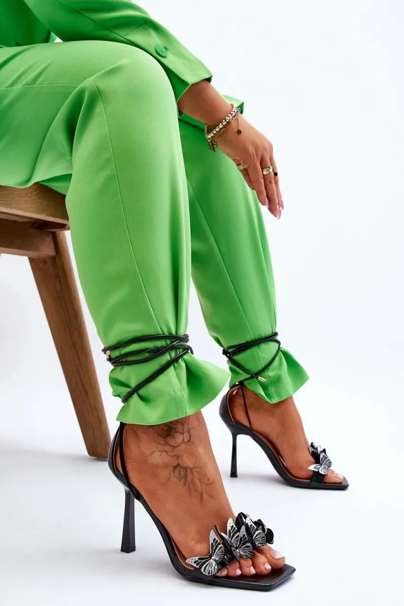 Hot Boto Wiązane Sandałki Na Szpilce Z Motylami Czarne Delmar