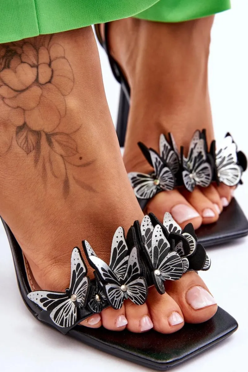 Hot Boto Wiązane Sandałki Na Szpilce Z Motylami Czarne Delmar