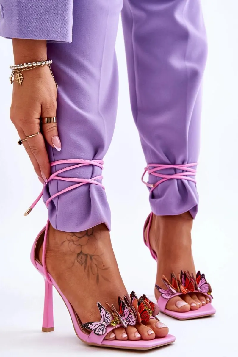Discount Wiązane Sandałki Na Szpilce Z Motylami Różowe Delmar Damskie Sandały Na Obcasie