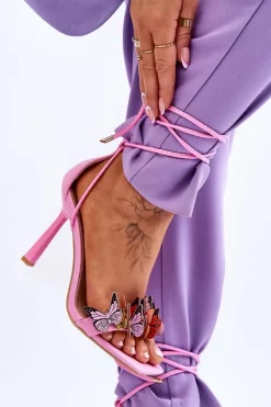 Discount Wiązane Sandałki Na Szpilce Z Motylami Różowe Delmar Damskie Sandały Na Obcasie