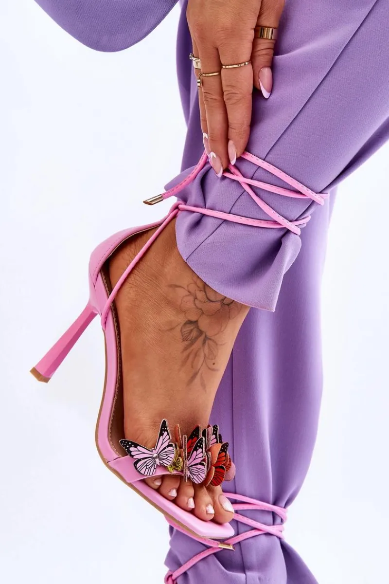 Discount Wiązane Sandałki Na Szpilce Z Motylami Różowe Delmar Damskie Sandały Na Obcasie