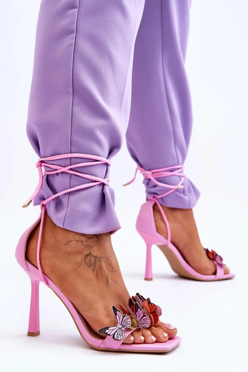 Discount Wiązane Sandałki Na Szpilce Z Motylami Różowe Delmar Damskie Sandały Na Obcasie