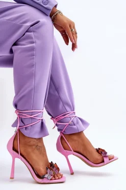 Discount Wiązane Sandałki Na Szpilce Z Motylami Różowe Delmar Damskie Sandały Na Obcasie