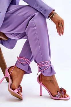 Discount Wiązane Sandałki Na Szpilce Z Motylami Różowe Delmar Damskie Sandały Na Obcasie