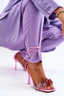 Discount Wiązane Sandałki Na Szpilce Z Motylami Różowe Delmar Damskie Sandały Na Obcasie