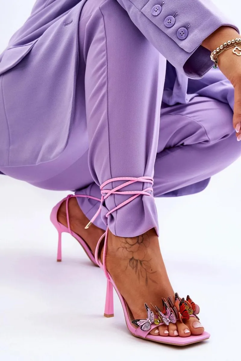 Discount Wiązane Sandałki Na Szpilce Z Motylami Różowe Delmar Damskie Sandały Na Obcasie