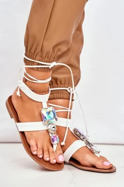 Sandały Płaskie>Boto Wiązane Sandały Gladiatorki Z Kryształkami Białe Volare