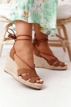 Wiązane Sandały Na Koturnie Big Star AA274591 Brązowe Damskie Sandały Big Star|Sandały Na Koturnie