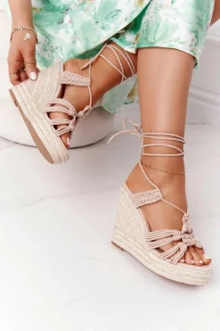 Wiązane Sandały Na Koturnie Z Plecionką Nude Run The World Damskie Sandały Na Koturnie