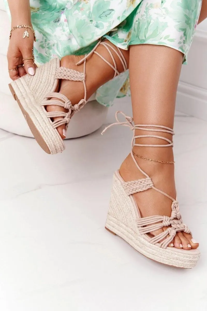 Wiązane Sandały Na Koturnie Z Plecionką Nude Run The World Damskie Sandały Na Koturnie