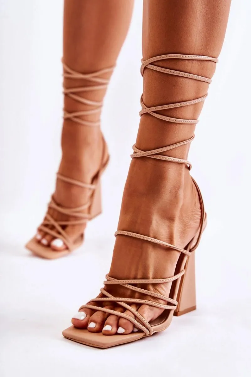 Wiązane Sandały Na Modnym Obcasie Nude Canves Damskie Sandały Na Obcasie