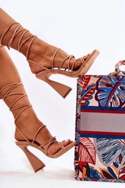 Wiązane Sandały Na Modnym Obcasie Nude Canves Damskie Sandały Na Obcasie