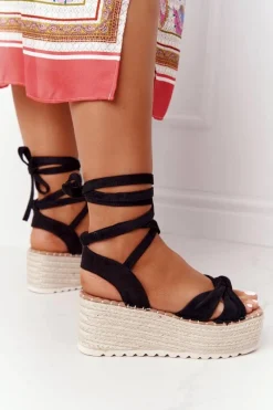 Boto Wiązane Sandały Na Platformie Z Plecionką Czarne La Palma