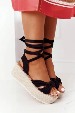 Boto Wiązane Sandały Na Platformie Z Plecionką Czarne La Palma