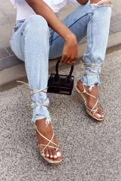 Hot Boto Wiązane Sandały Na Szpilce Z Kwadratowym Noskiem Złote Runway