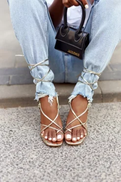 Hot Boto Wiązane Sandały Na Szpilce Z Kwadratowym Noskiem Złote Runway