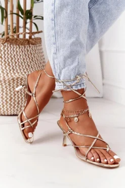 Hot Boto Wiązane Sandały Na Szpilce Z Kwadratowym Noskiem Złote Runway