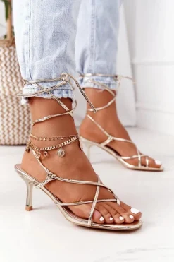 Hot Boto Wiązane Sandały Na Szpilce Z Kwadratowym Noskiem Złote Runway