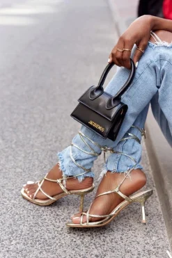 Hot Boto Wiązane Sandały Na Szpilce Z Kwadratowym Noskiem Złote Runway