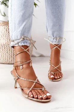 Hot Boto Wiązane Sandały Na Szpilce Z Kwadratowym Noskiem Złote Runway