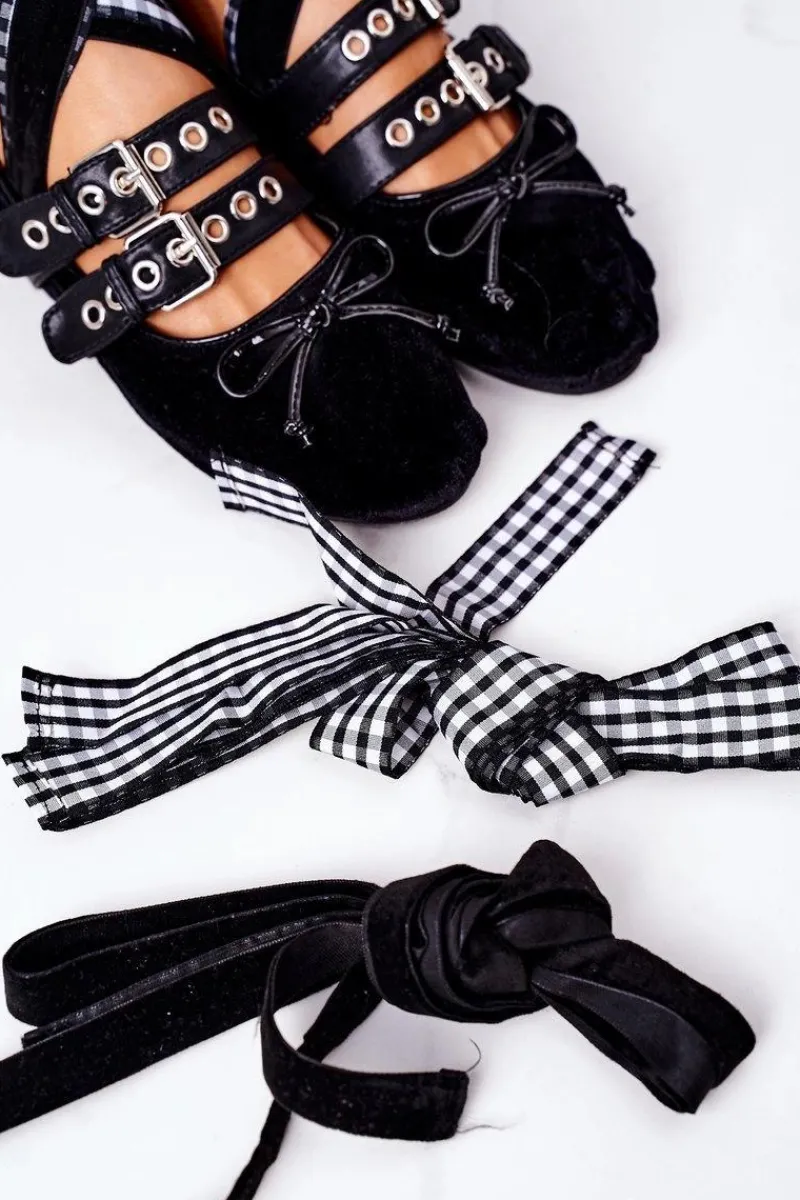 Clearance Wiązane Welurowe Baleriny Lu Boo Czarne Damskie Baleriny Klasyczne