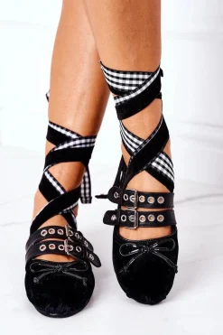 Clearance Wiązane Welurowe Baleriny Lu Boo Czarne Damskie Baleriny Klasyczne