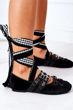 Clearance Wiązane Welurowe Baleriny Lu Boo Czarne Damskie Baleriny Klasyczne