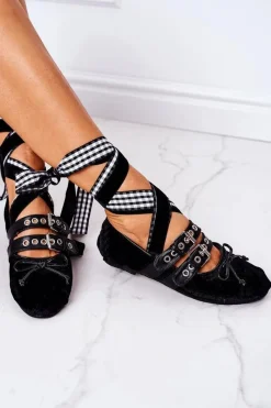 Clearance Wiązane Welurowe Baleriny Lu Boo Czarne Damskie Baleriny Klasyczne