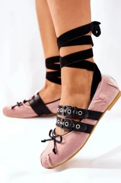 Clearance Wiązane Welurowe Baleriny Lu Boo Beżowe Damskie Baleriny Klasyczne