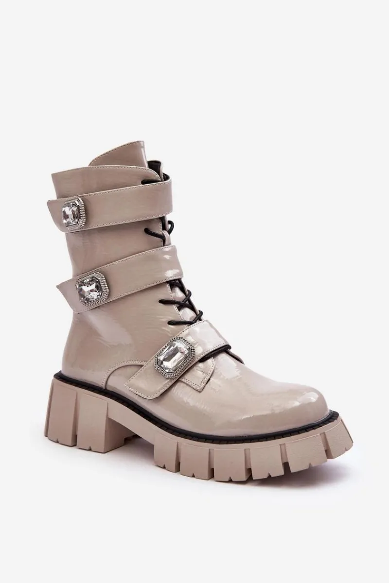 New Damskie buty S.Barski Workery Botki Damskie Lakierowane Jasnoszare S.Barski MR870-61