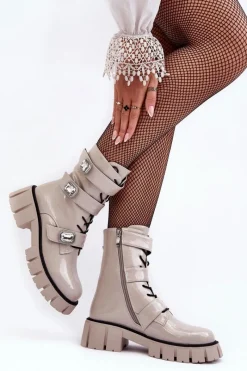 New Damskie buty S.Barski Workery Botki Damskie Lakierowane Jasnoszare S.Barski MR870-61