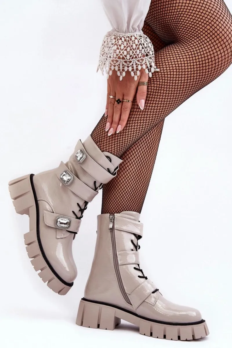 New Damskie buty S.Barski Workery Botki Damskie Lakierowane Jasnoszare S.Barski MR870-61