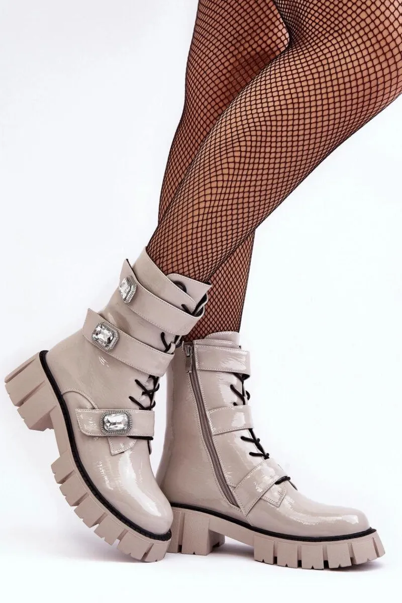 New Damskie buty S.Barski Workery Botki Damskie Lakierowane Jasnoszare S.Barski MR870-61